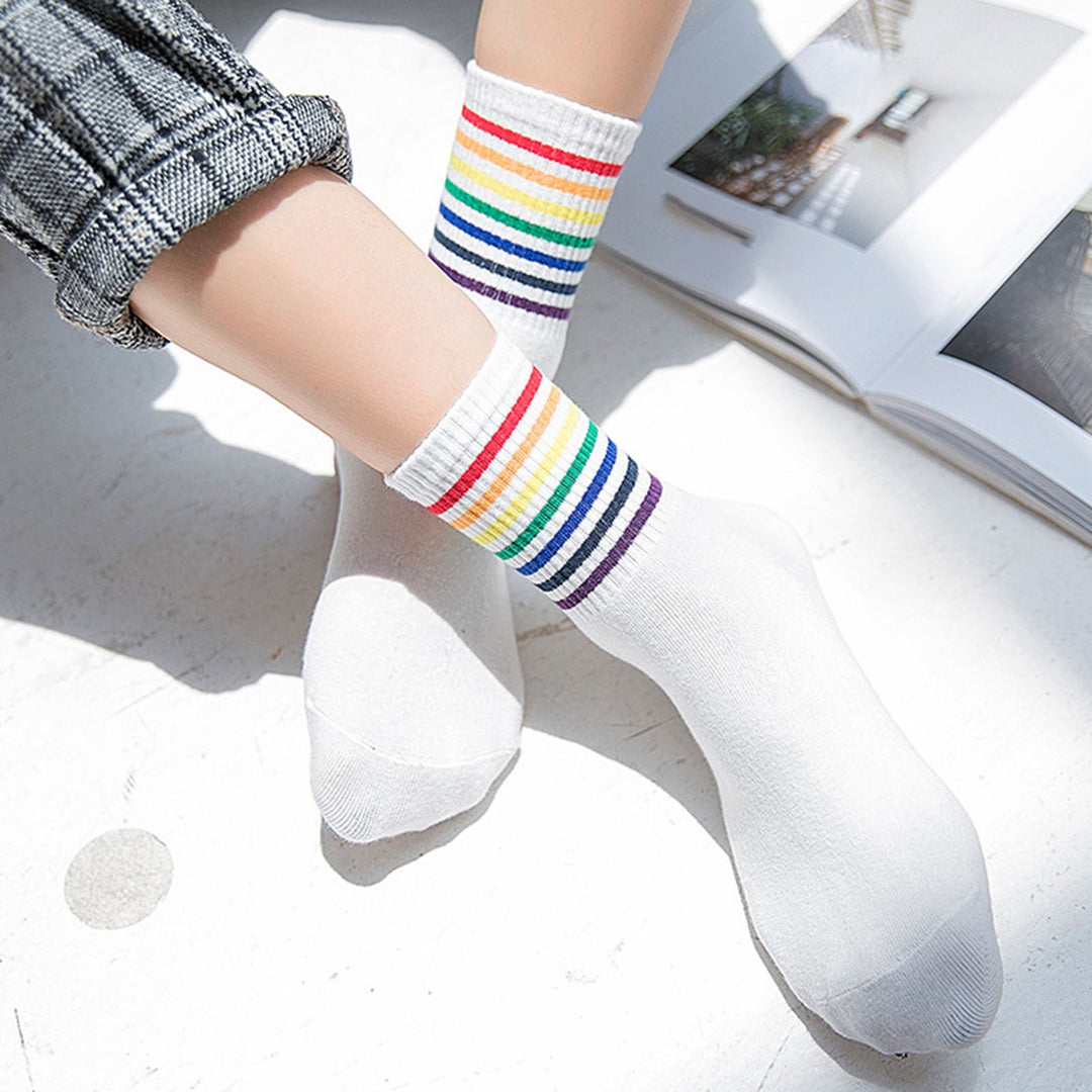 1 Pair Winter Socks Rainbow Color Striped Preppy Style Thick Anti-slip Warm Soft Mid-tube No Odor Ankle Protection Lady Image 11