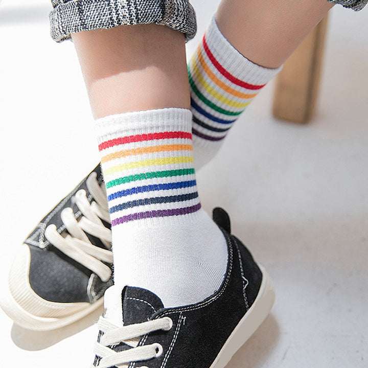 1 Pair Winter Socks Rainbow Color Striped Preppy Style Thick Anti-slip Warm Soft Mid-tube No Odor Ankle Protection Lady Image 12