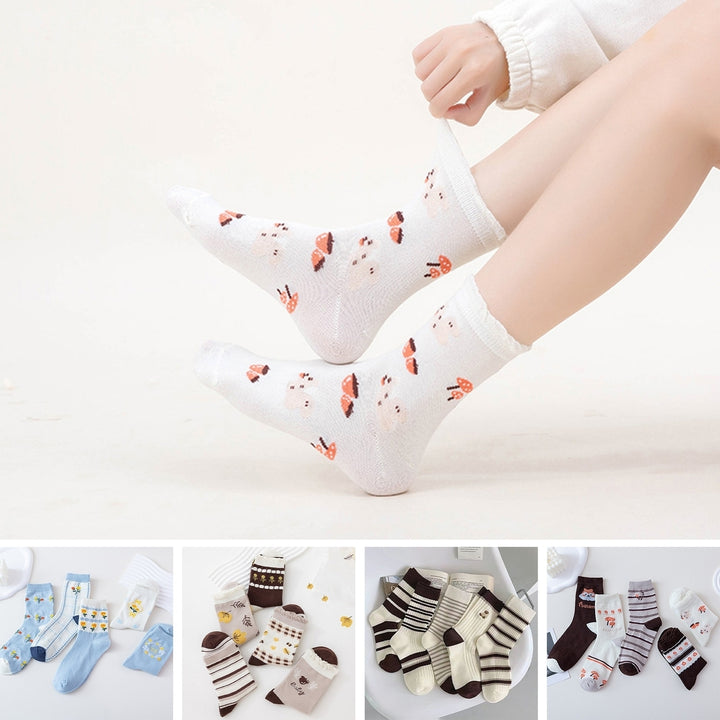 5 Pairs Women Socks Cartoon Print Mid-tube Sweat Absorption No Odor Elastic Anti-slip Warm Soft Image 1