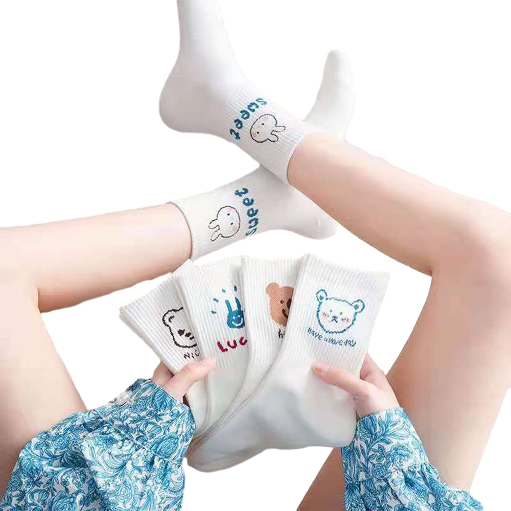 5 Pairs Women Socks Cartoon Print Mid-tube Sweat Absorption No Odor Elastic Anti-slip Warm Soft Image 2