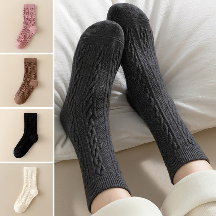 1 Pair Women Winter Socks Solid Color Soft Twisted Texture Breathable Mid-tube High Elasticity Warm Anti-slip No Odor Image 1