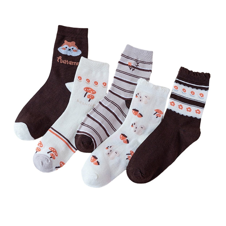 5 Pairs Women Socks Cartoon Print Mid-tube Sweat Absorption No Odor Elastic Anti-slip Warm Soft Image 1