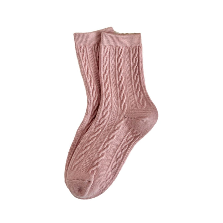 1 Pair Women Winter Socks Solid Color Soft Twisted Texture Breathable Mid-tube High Elasticity Warm Anti-slip No Odor Image 1