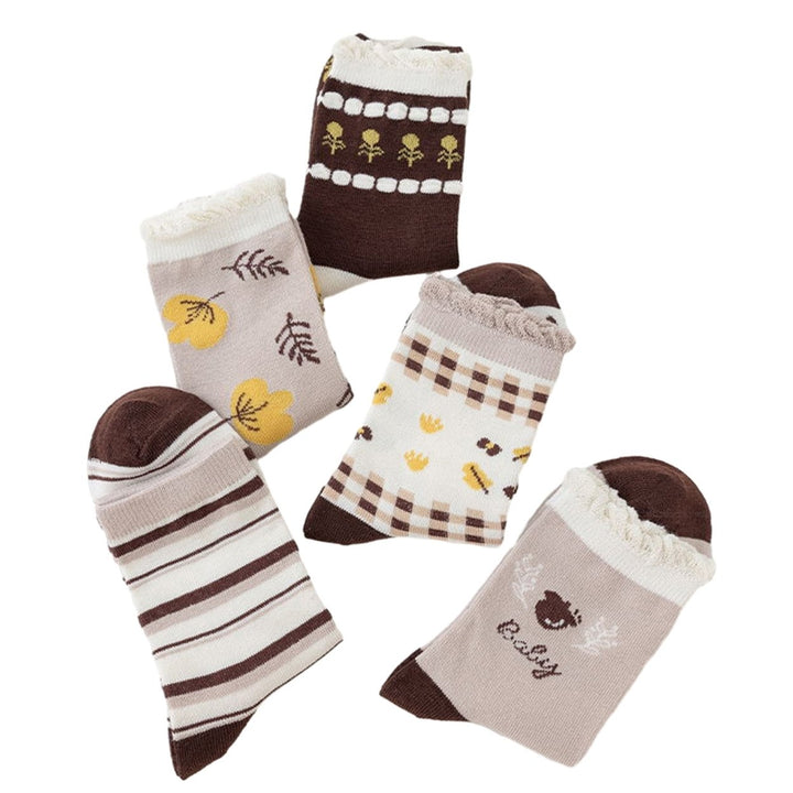 5 Pairs Women Socks Cartoon Print Mid-tube Sweat Absorption No Odor Elastic Anti-slip Warm Soft Image 1