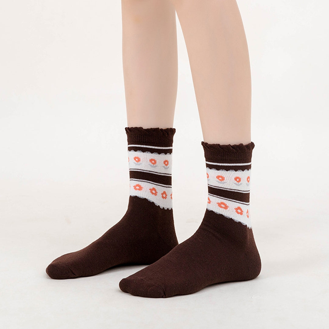 5 Pairs Women Socks Cartoon Print Mid-tube Sweat Absorption No Odor Elastic Anti-slip Warm Soft Image 9