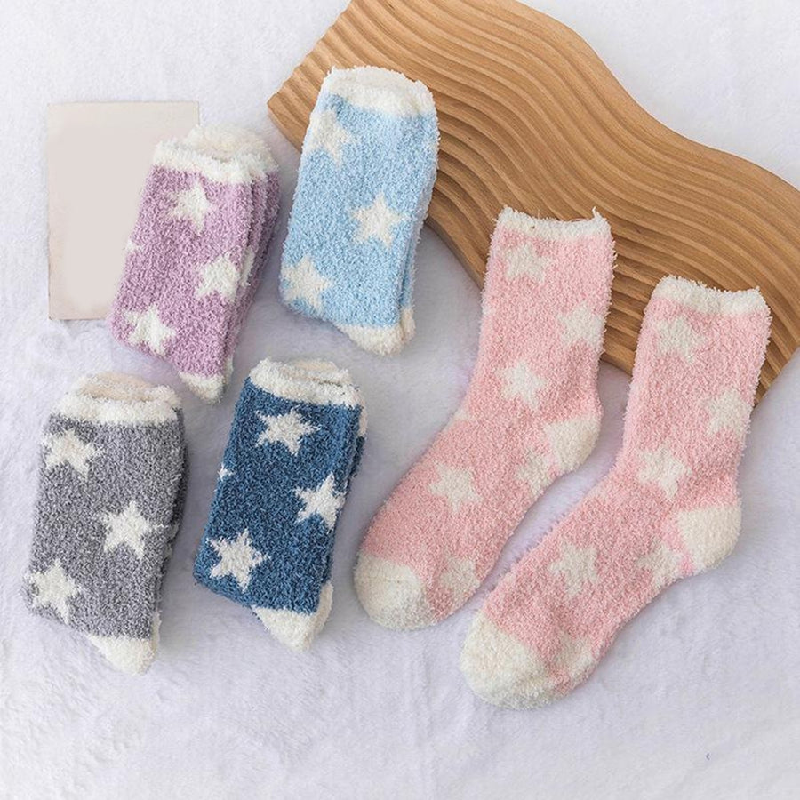 1 Pair Women Winter Socks Contrast Color Star Print Coral Fleece Soft Breathable Mid-tube High Image 1