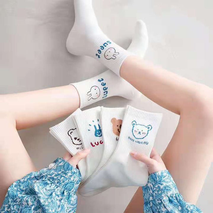 5 Pairs Women Socks Cartoon Print Mid-tube Sweat Absorption No Odor Elastic Anti-slip Warm Soft Image 11