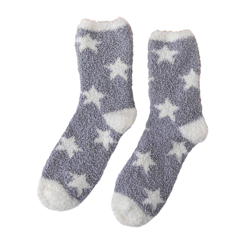1 Pair Women Winter Socks Contrast Color Star Print Coral Fleece Soft Breathable Mid-tube High Image 2