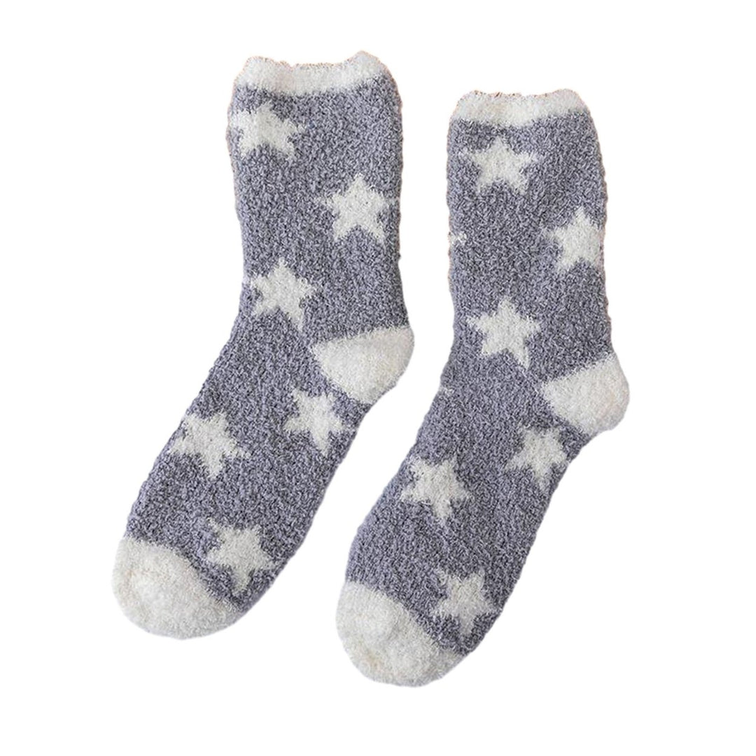 1 Pair Women Winter Socks Contrast Color Star Print Coral Fleece Soft Breathable Mid-tube High Image 1