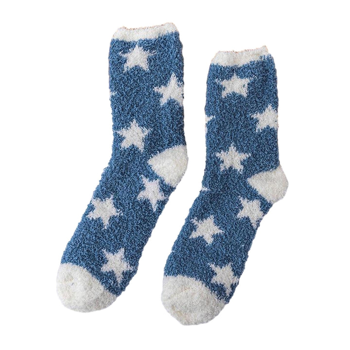 1 Pair Women Winter Socks Contrast Color Star Print Coral Fleece Soft Breathable Mid-tube High Image 3