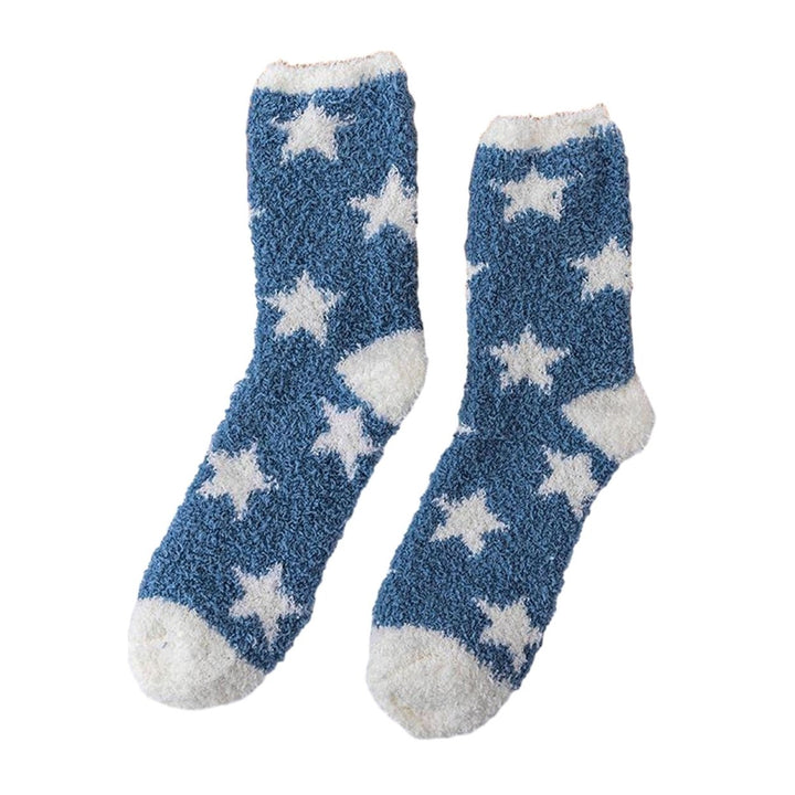 1 Pair Women Winter Socks Contrast Color Star Print Coral Fleece Soft Breathable Mid-tube High Image 1