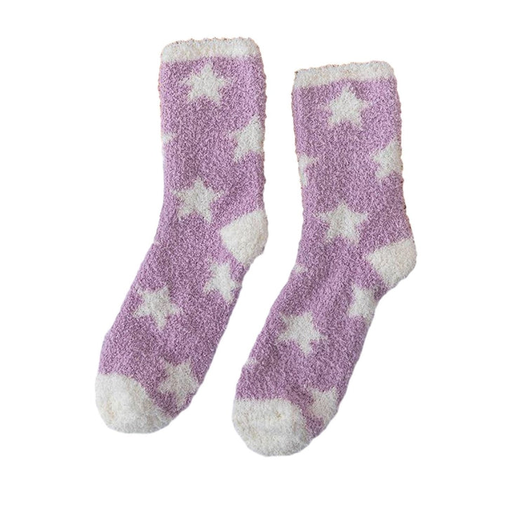 1 Pair Women Winter Socks Contrast Color Star Print Coral Fleece Soft Breathable Mid-tube High Image 1