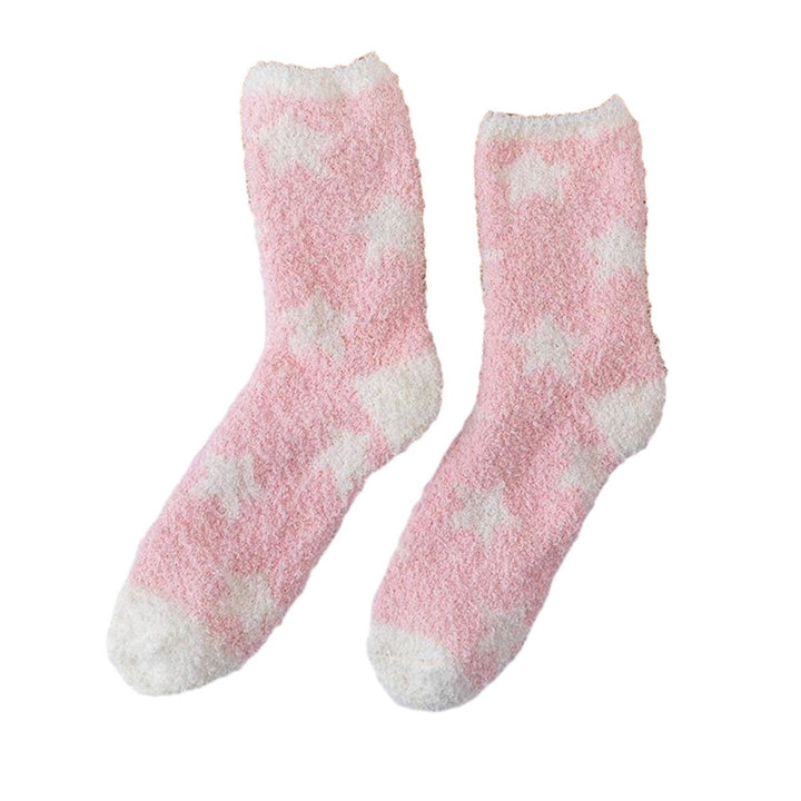 1 Pair Women Winter Socks Contrast Color Star Print Coral Fleece Soft Breathable Mid-tube High Image 1