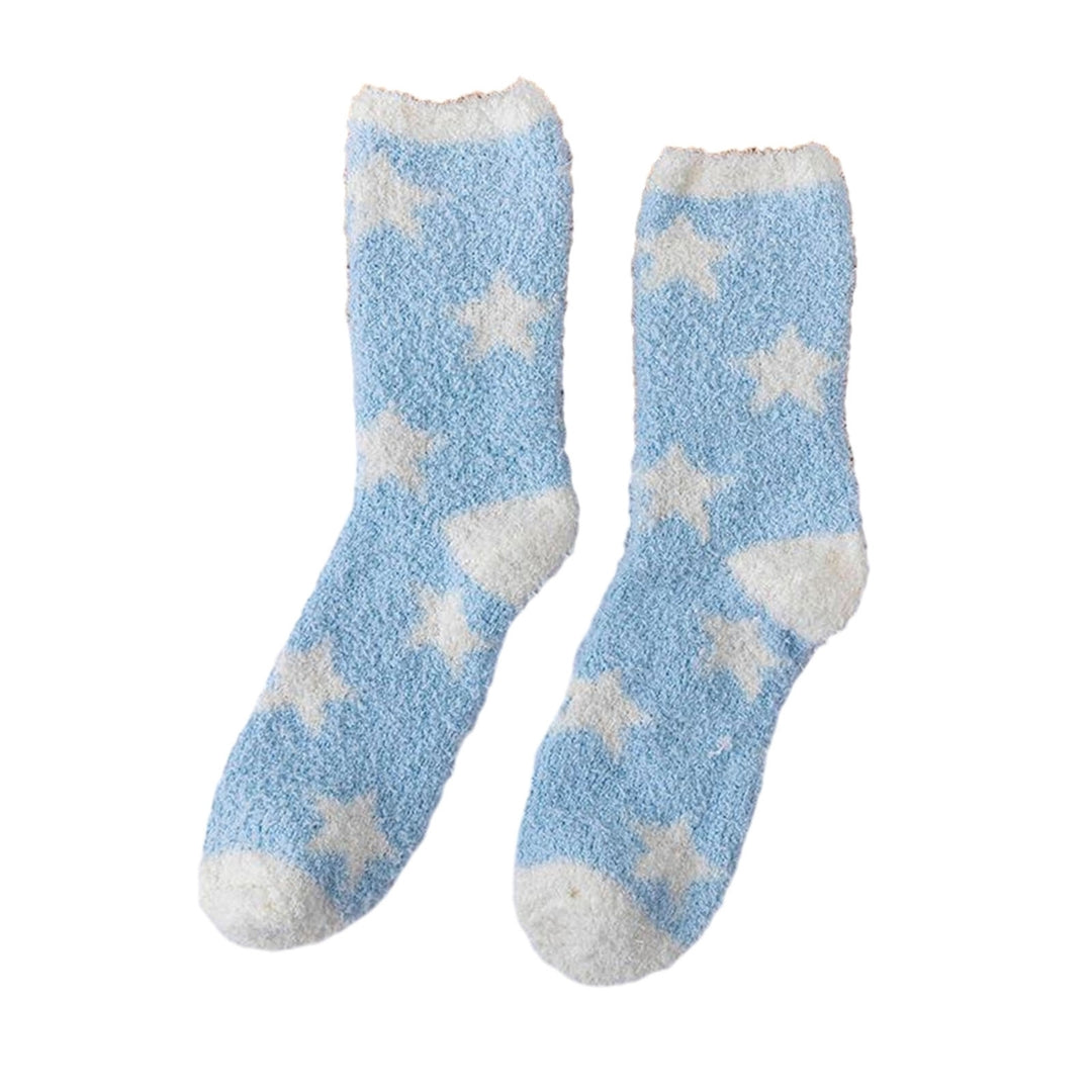 1 Pair Women Winter Socks Contrast Color Star Print Coral Fleece Soft Breathable Mid-tube High Image 6