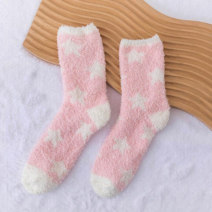 1 Pair Women Winter Socks Contrast Color Star Print Coral Fleece Soft Breathable Mid-tube High Image 8