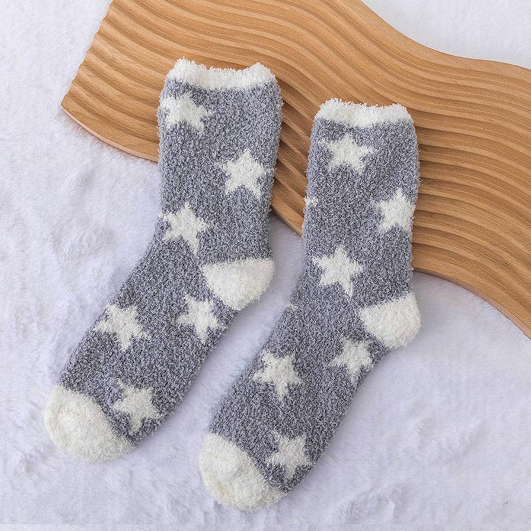 1 Pair Women Winter Socks Contrast Color Star Print Coral Fleece Soft Breathable Mid-tube High Image 11