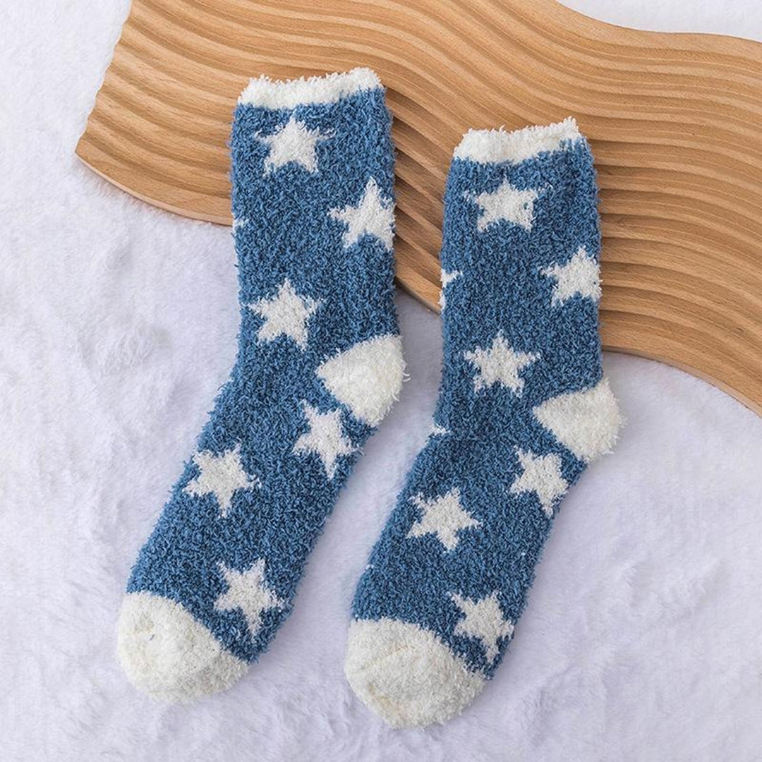 1 Pair Women Winter Socks Contrast Color Star Print Coral Fleece Soft Breathable Mid-tube High Image 12