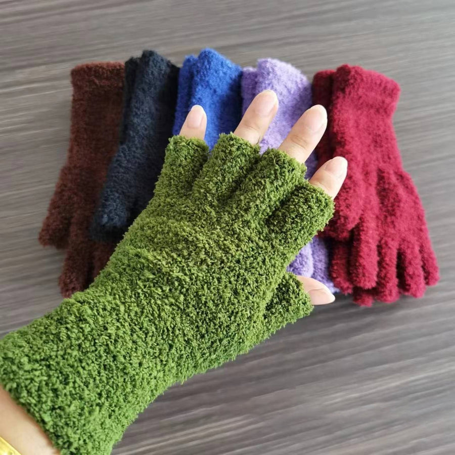 1 Pair Unisex Gloves Half-finger Thick Fleece Soft Elastic Anti-slip Warm Solid Color Cozy Windproof Image 1