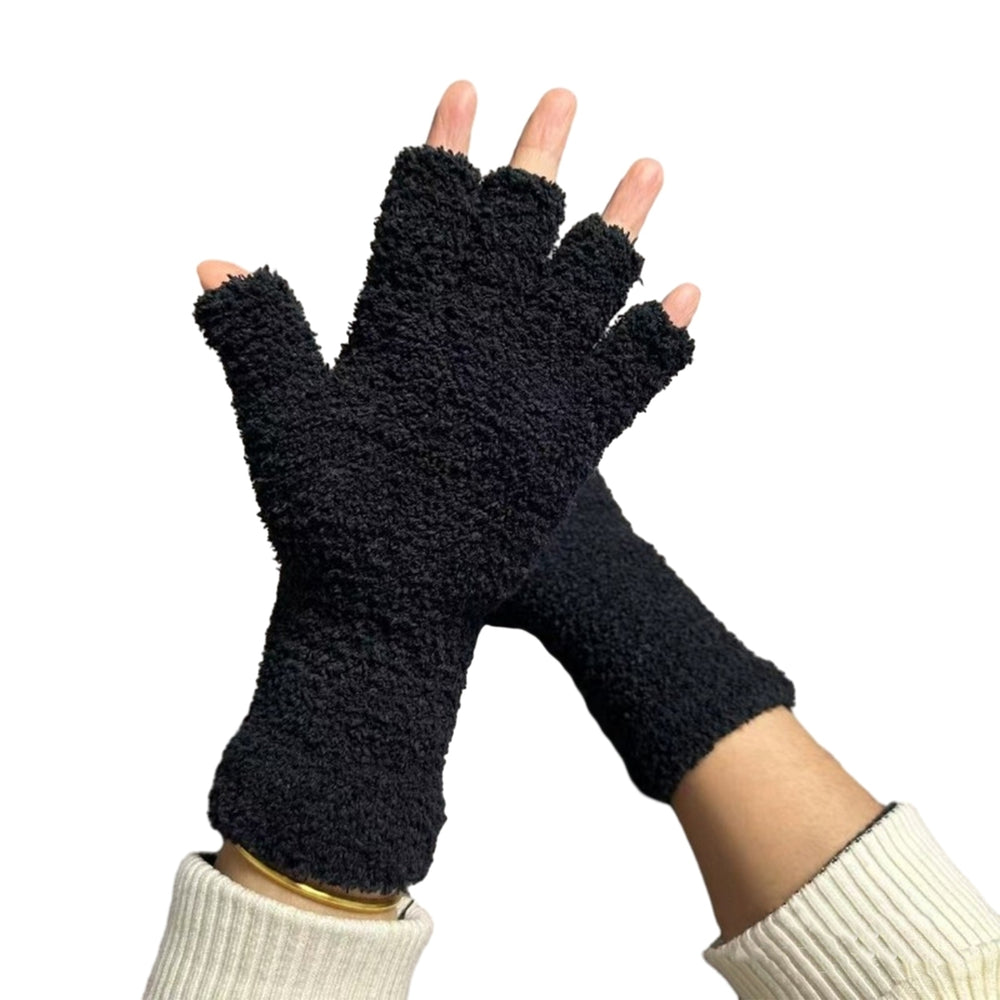 1 Pair Unisex Gloves Half-finger Thick Fleece Soft Elastic Anti-slip Warm Solid Color Cozy Windproof Image 2
