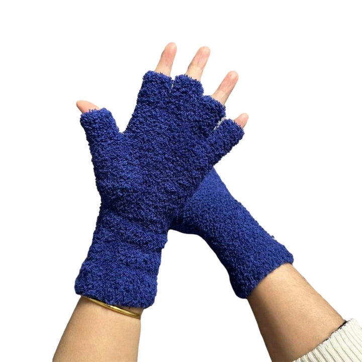 1 Pair Unisex Gloves Half-finger Thick Fleece Soft Elastic Anti-slip Warm Solid Color Cozy Windproof Image 3