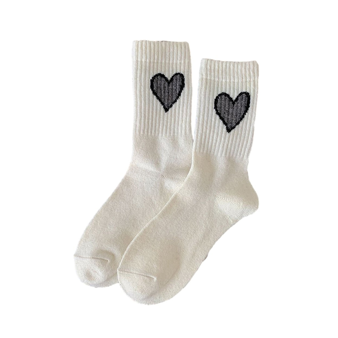 1 Pair Women Winter Socks Thick Warm Soft Elastic Heart Print No Odor Anti-slip Ankle Protection Sports Mid-tube Socks Image 1