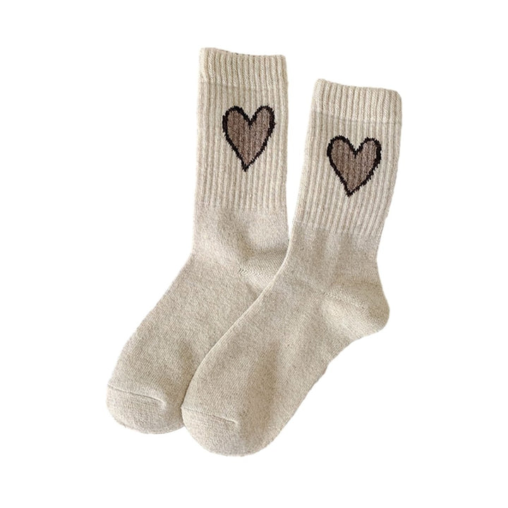 1 Pair Women Winter Socks Thick Warm Soft Elastic Heart Print No Odor Anti-slip Ankle Protection Sports Mid-tube Socks Image 1