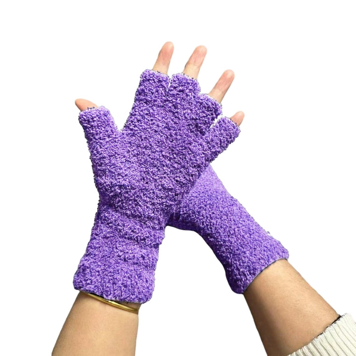 1 Pair Unisex Gloves Half-finger Thick Fleece Soft Elastic Anti-slip Warm Solid Color Cozy Windproof Image 4