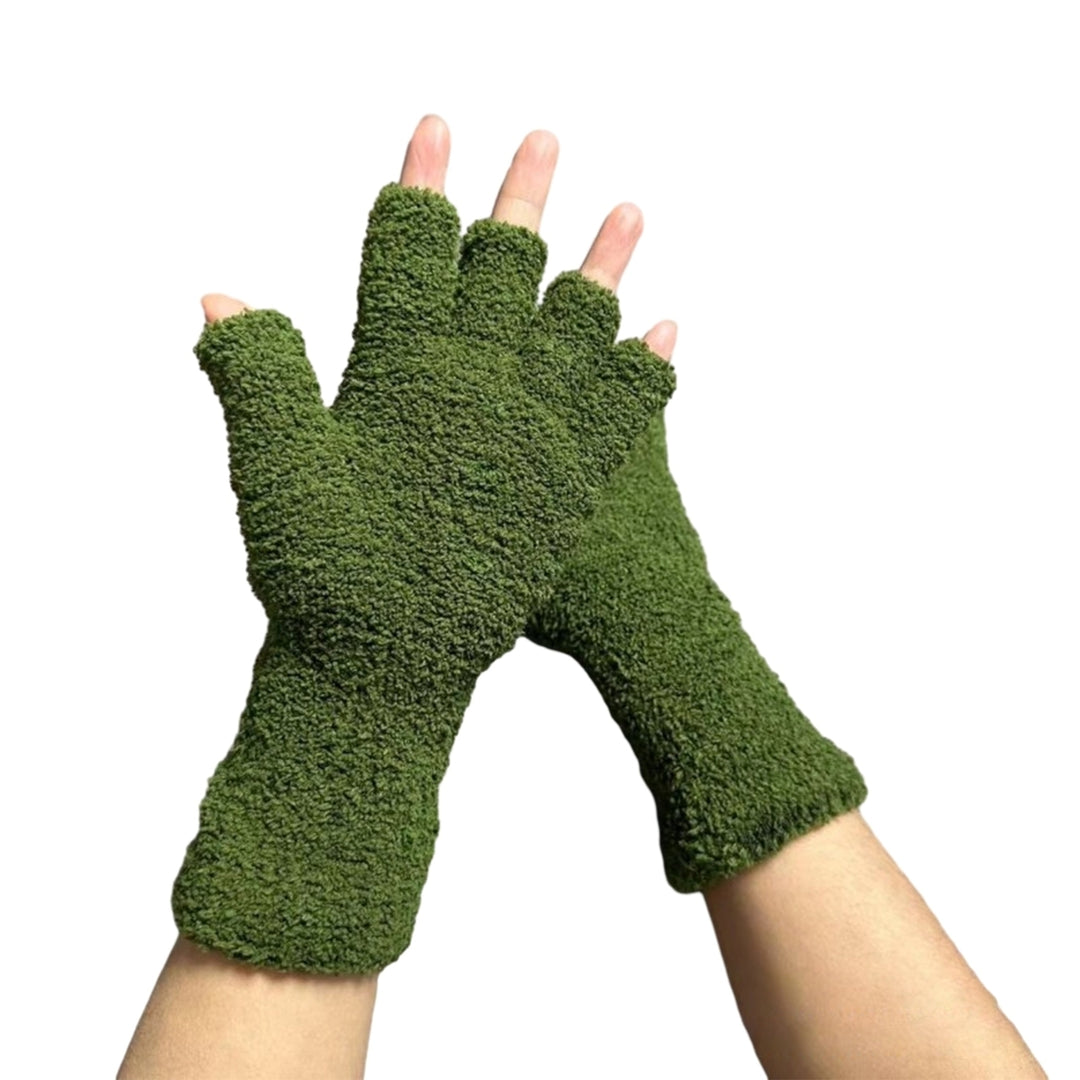 1 Pair Unisex Gloves Half-finger Thick Fleece Soft Elastic Anti-slip Warm Solid Color Cozy Windproof Image 6