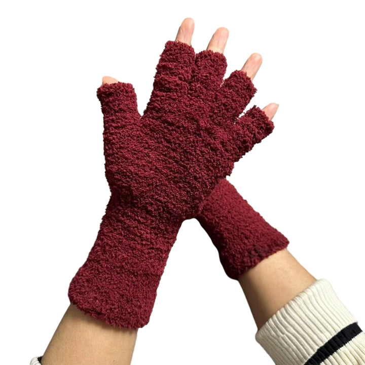 1 Pair Unisex Gloves Half-finger Thick Fleece Soft Elastic Anti-slip Warm Solid Color Cozy Windproof Image 7
