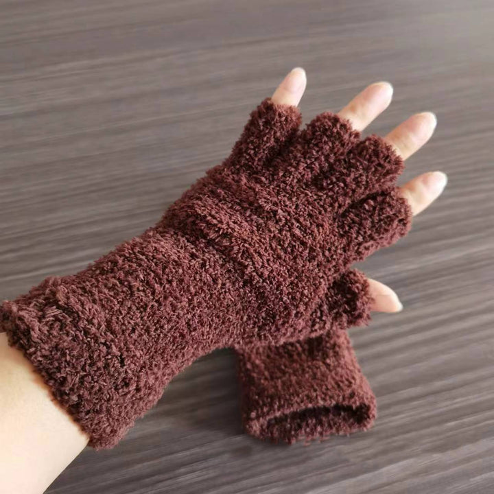 1 Pair Unisex Gloves Half-finger Thick Fleece Soft Elastic Anti-slip Warm Solid Color Cozy Windproof Image 8