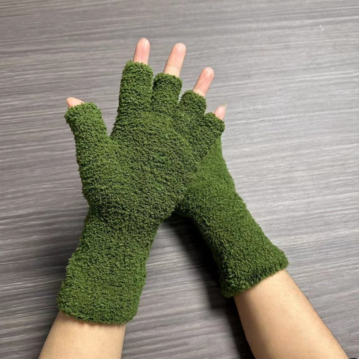 1 Pair Unisex Gloves Half-finger Thick Fleece Soft Elastic Anti-slip Warm Solid Color Cozy Windproof Image 9