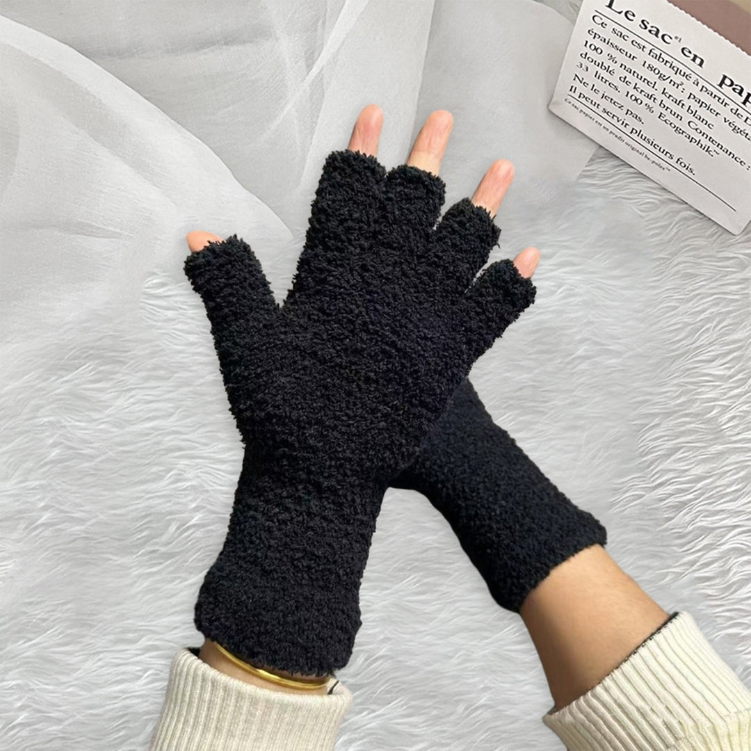 1 Pair Unisex Gloves Half-finger Thick Fleece Soft Elastic Anti-slip Warm Solid Color Cozy Windproof Image 10