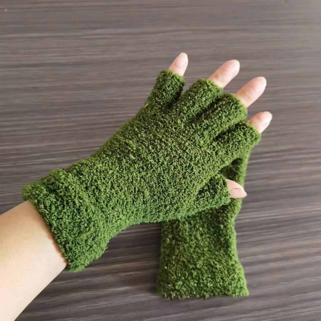 1 Pair Unisex Gloves Half-finger Thick Fleece Soft Elastic Anti-slip Warm Solid Color Cozy Windproof Image 12