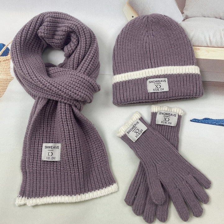 3Pcs/Set Men Women Winter Logo Print Hat Scarf Gloves Set Knit Skull Hat Touch Screen Mittens Long Scarf Set Image 1