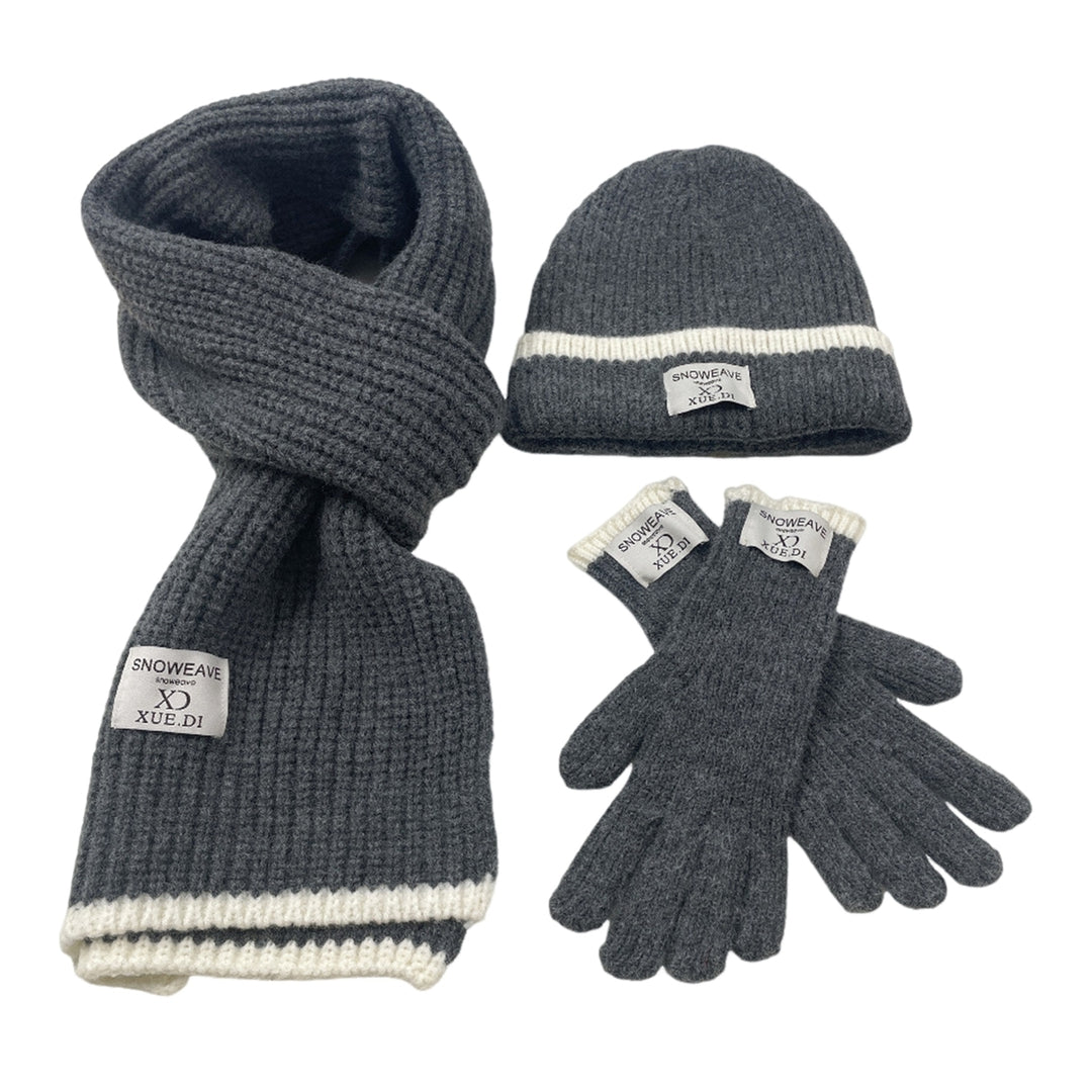 3Pcs/Set Men Women Winter Logo Print Hat Scarf Gloves Set Knit Skull Hat Touch Screen Mittens Long Scarf Set Image 3