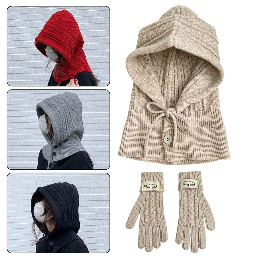 2Pcs/Set Women Men Thicken Balaclava Hat Knitting Gloves Set Winter Twist Texture Drawstring Buttons Closure Hat Touch Image 1