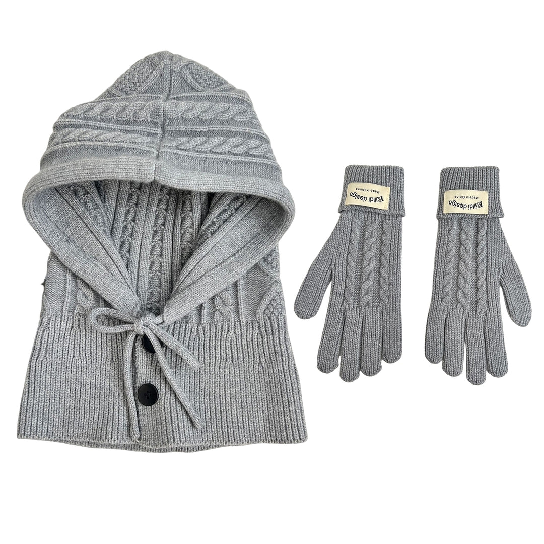 2Pcs/Set Women Men Thicken Balaclava Hat Knitting Gloves Set Winter Twist Texture Drawstring Buttons Closure Hat Touch Image 4