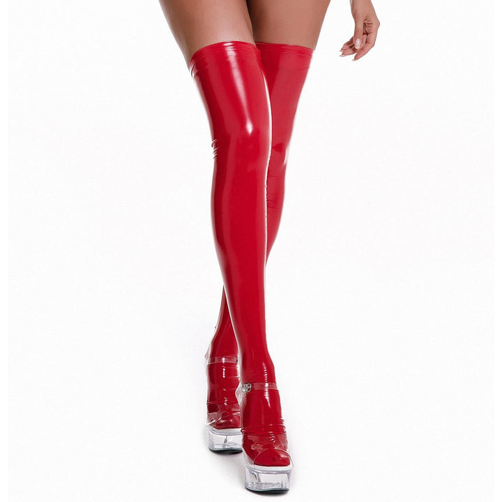 1 Pair Women Stockings Glossy Faux Leather Soft Elastic Anti-slip Breathable Solid Color Over Knee Image 9