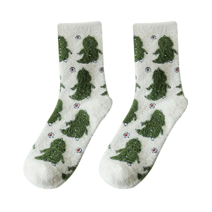 1 Pair Winter Floor Socks Cartoon Cow Dinosaur Print Color Matching Thick Fleece Mid-tube Anti-slip Image 1