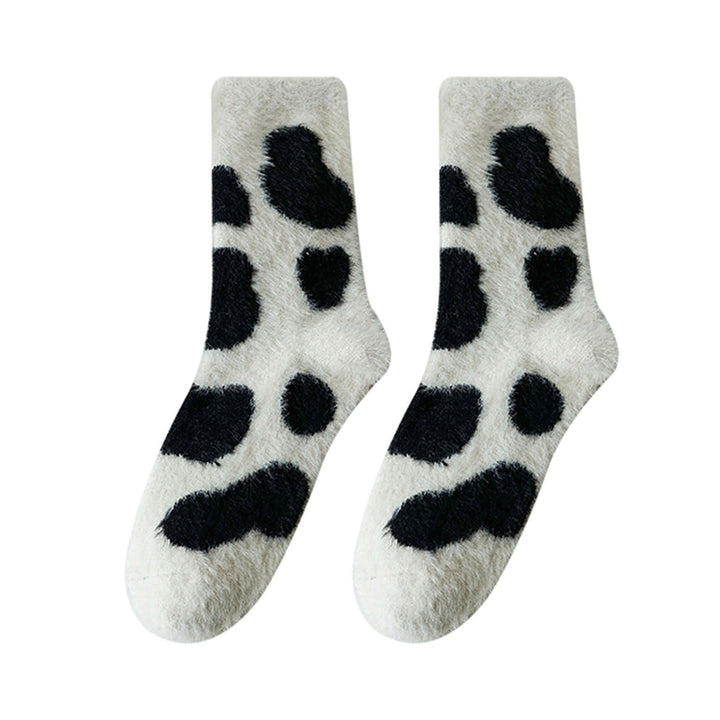 1 Pair Winter Floor Socks Cartoon Cow Dinosaur Print Color Matching Thick Fleece Mid-tube Anti-slip Image 4