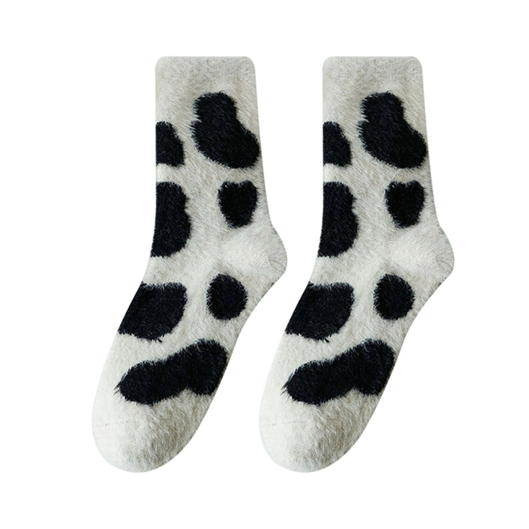 1 Pair Winter Floor Socks Cartoon Cow Dinosaur Print Color Matching Thick Fleece Mid-tube Anti-slip Image 1