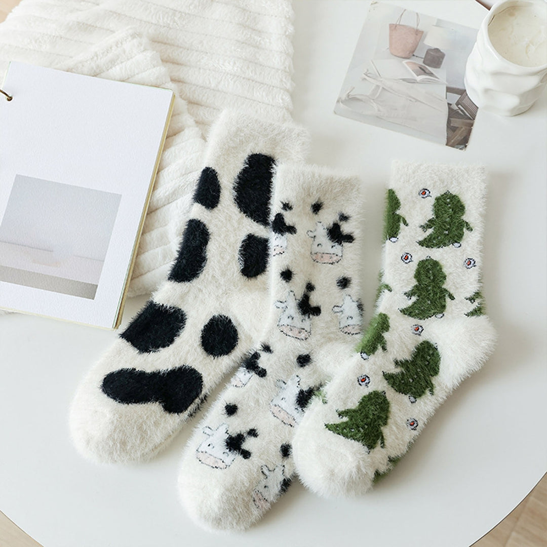 1 Pair Winter Floor Socks Cartoon Cow Dinosaur Print Color Matching Thick Fleece Mid-tube Anti-slip Image 7