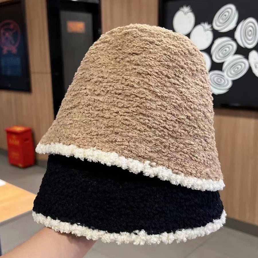 Winter Plush Thick Warm Bucket Hat Woman Men Patchwork Color Foldable Fisherman Hat Outdoor Windproof Fluffy Travel Hat Image 1