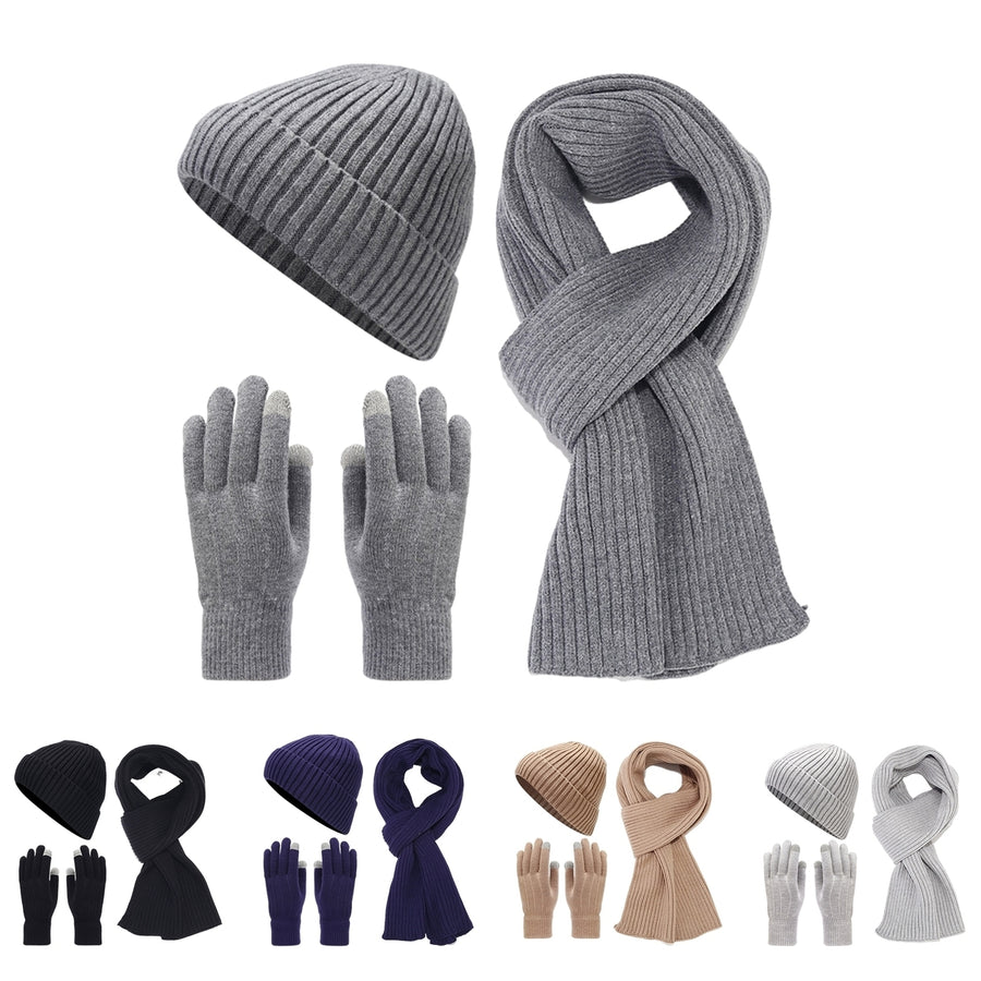 3Pcs/Set Unisex Winter Beanie Hat Long Scarf Touch Screen Gloves Set Solid Color Ribbed Texture Warm Knit Scarf Mittens Image 1