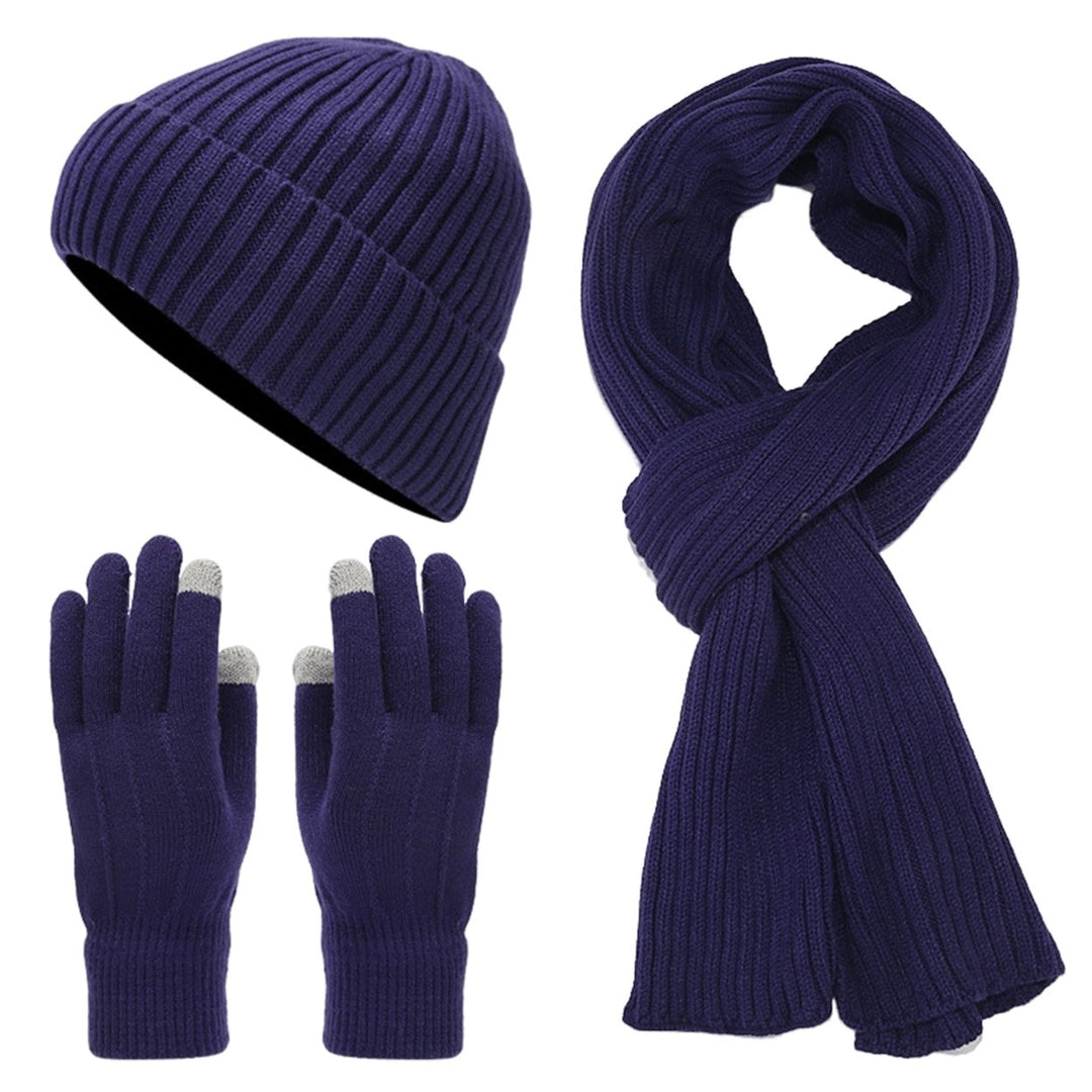 3Pcs/Set Unisex Winter Beanie Hat Long Scarf Touch Screen Gloves Set Solid Color Ribbed Texture Warm Knit Scarf Mittens Image 1