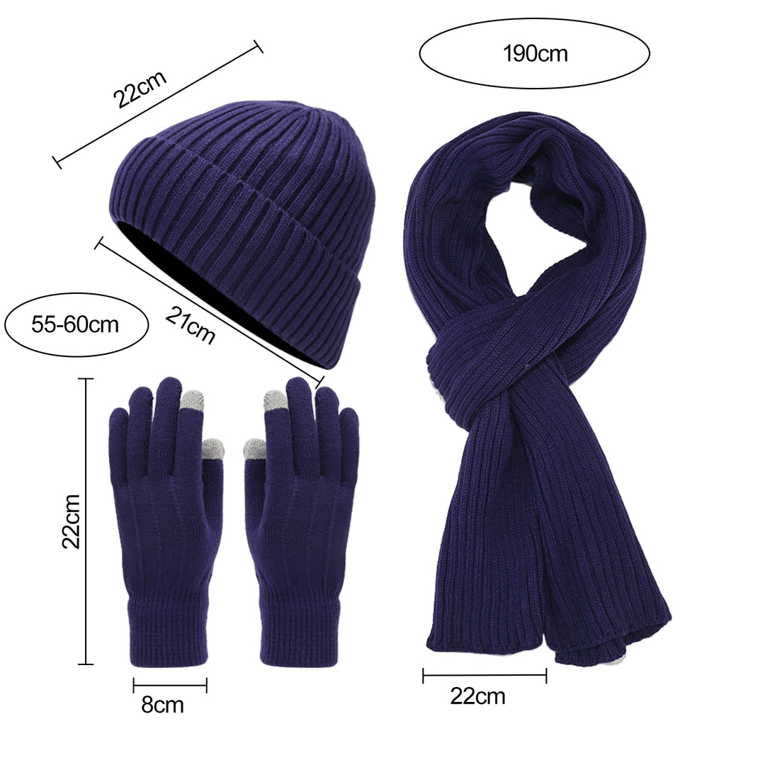 3Pcs/Set Unisex Winter Beanie Hat Long Scarf Touch Screen Gloves Set Solid Color Ribbed Texture Warm Knit Scarf Mittens Image 6