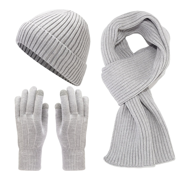 3Pcs/Set Unisex Winter Beanie Hat Long Scarf Touch Screen Gloves Set Solid Color Ribbed Texture Warm Knit Scarf Mittens Image 7