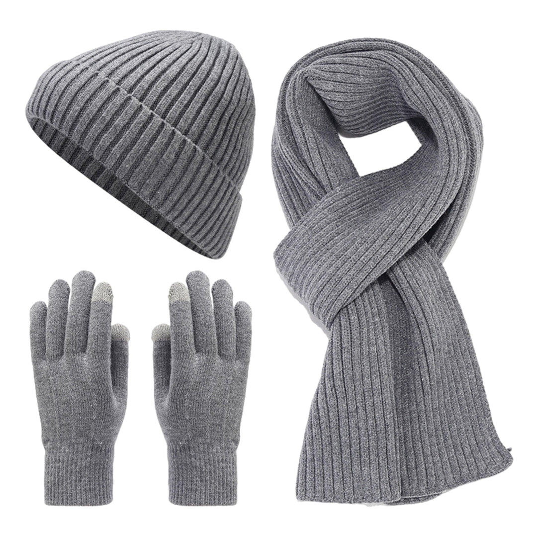 3Pcs/Set Unisex Winter Beanie Hat Long Scarf Touch Screen Gloves Set Solid Color Ribbed Texture Warm Knit Scarf Mittens Image 8