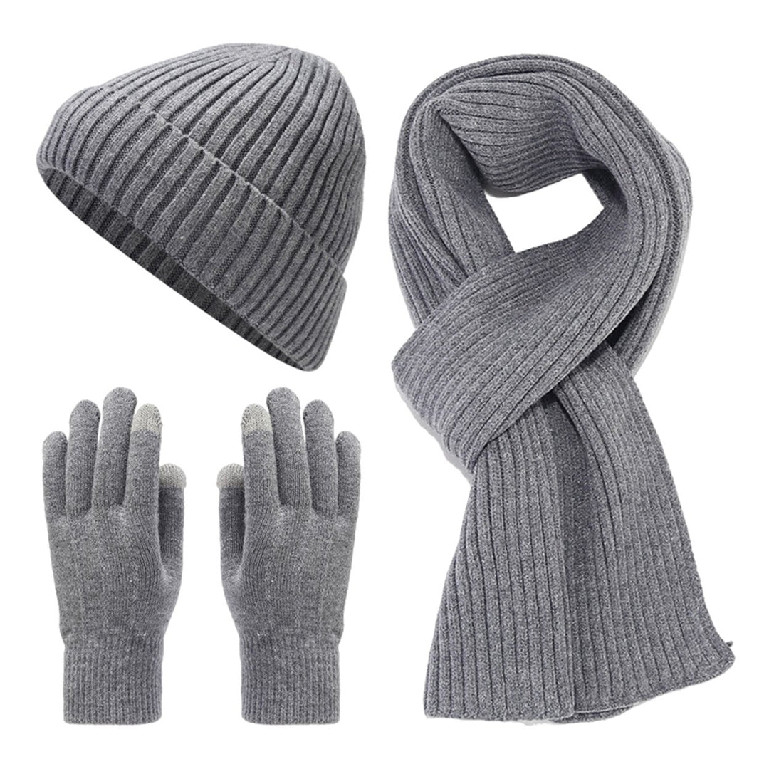 3Pcs/Set Unisex Winter Beanie Hat Long Scarf Touch Screen Gloves Set Solid Color Ribbed Texture Warm Knit Scarf Mittens Image 1