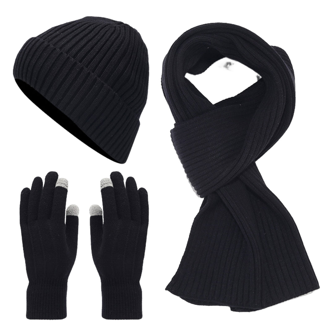 3Pcs/Set Unisex Winter Beanie Hat Long Scarf Touch Screen Gloves Set Solid Color Ribbed Texture Warm Knit Scarf Mittens Image 9